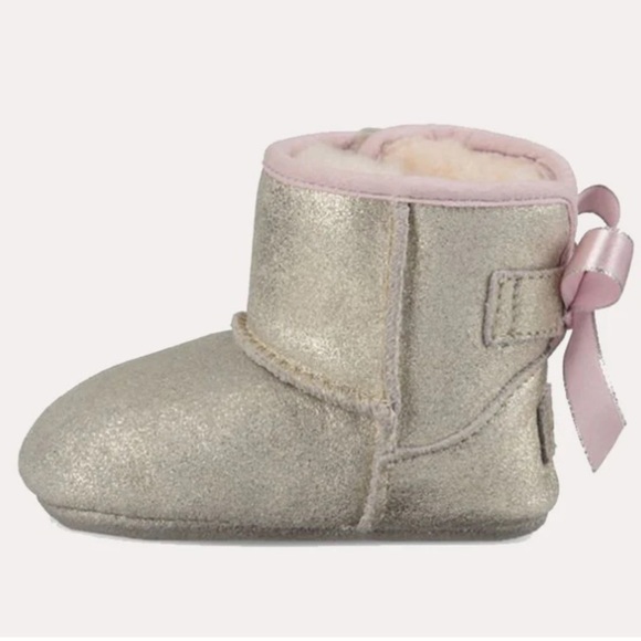 UGG Sparkly Gold Suede Kids Boots with Pink Bow & Lining - Picture 2 of 15